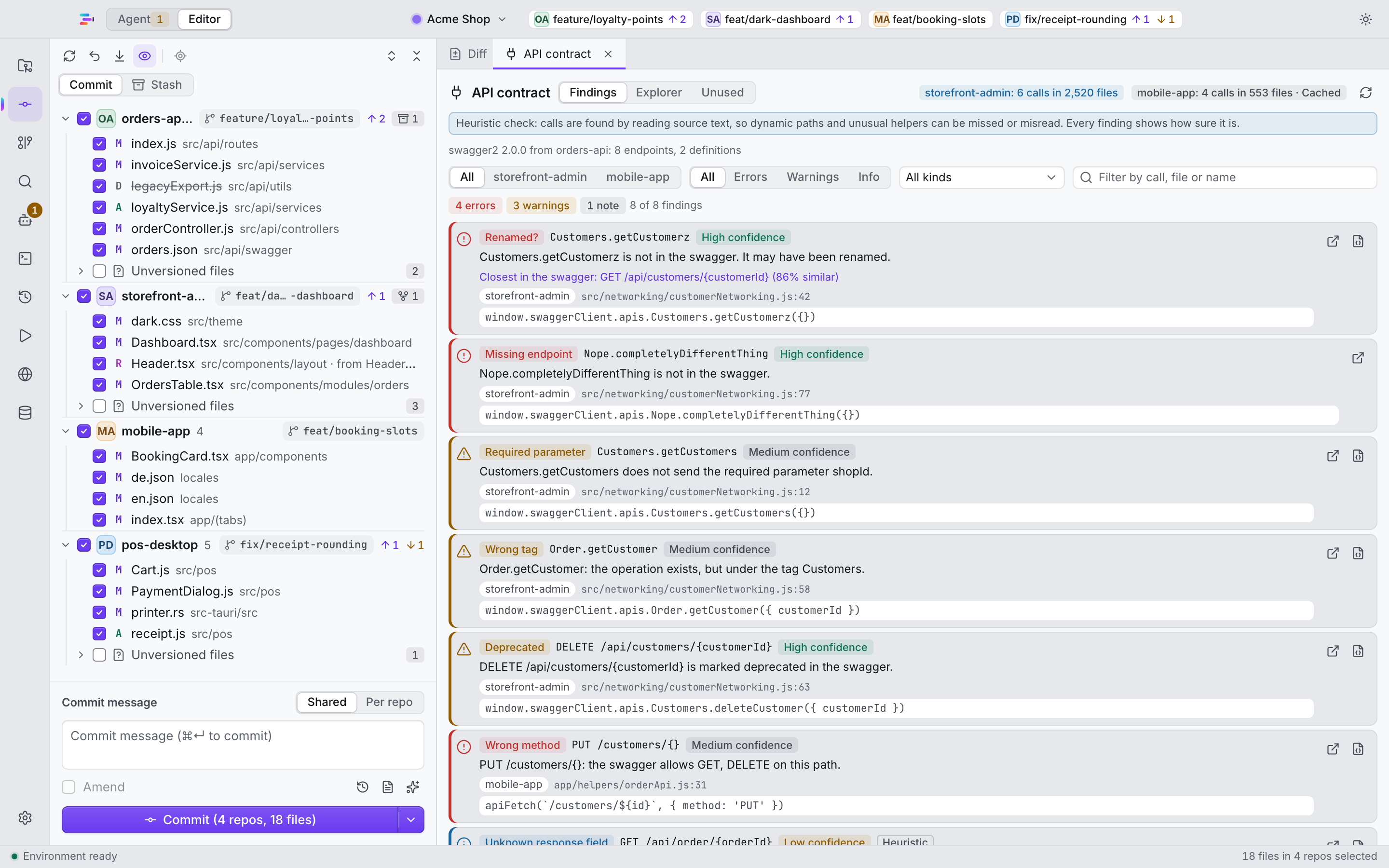 The API contract view with the Swagger explorer and contract-drift findings.