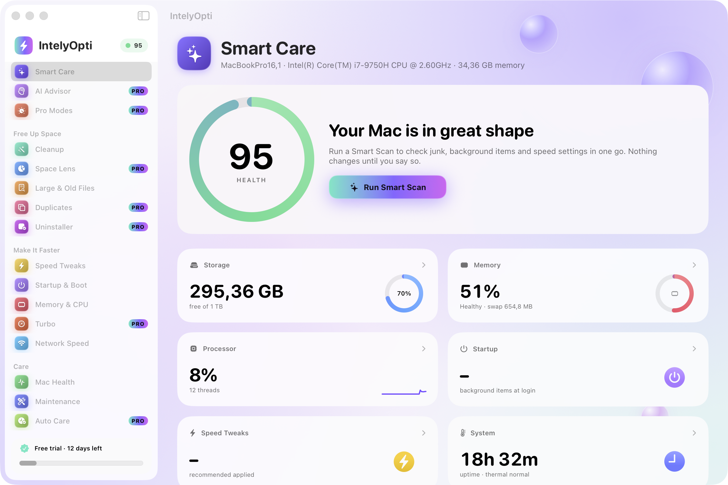 IntelyOpti Smart Care dashboard with the Mac health score and the one-click optimize button.