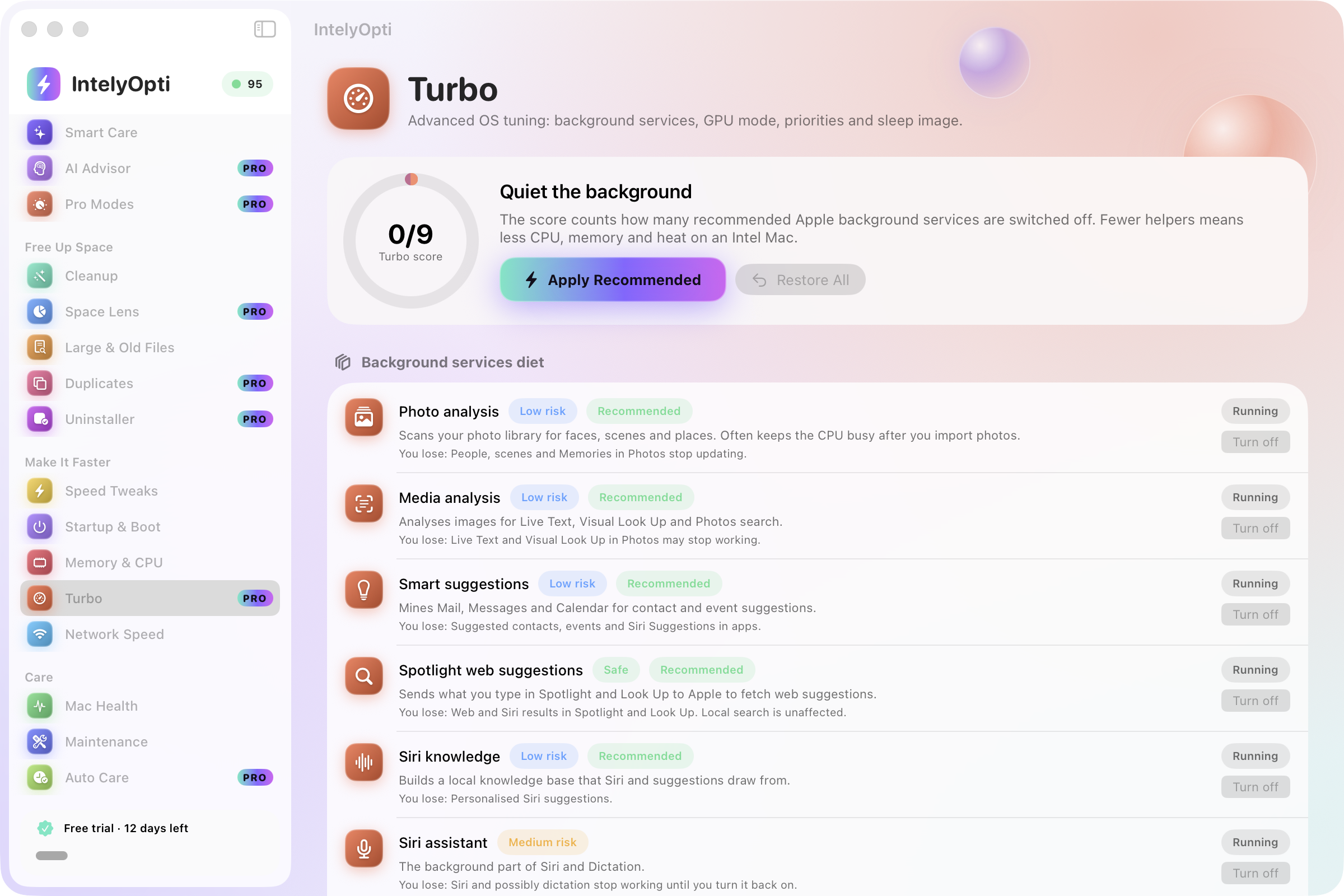 IntelyOpti Turbo with background services and process priorities.