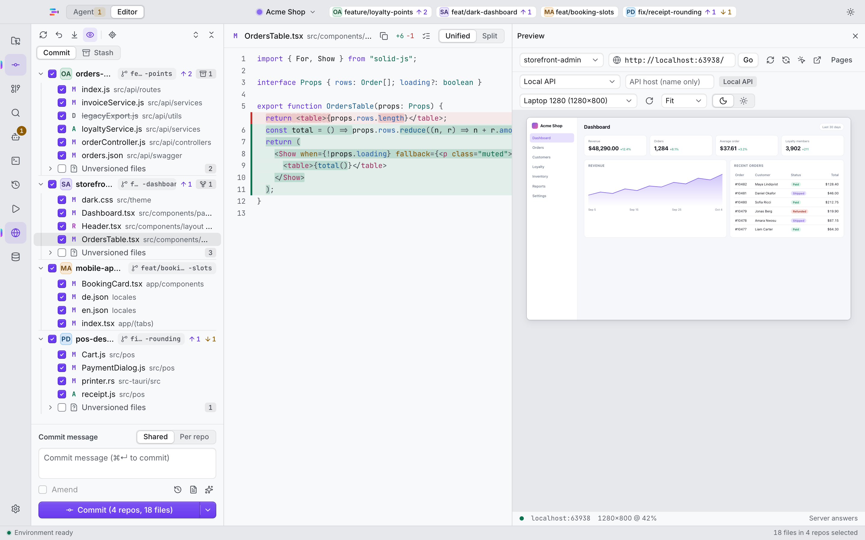 The run panel with a live dev-server preview and click-to-source.